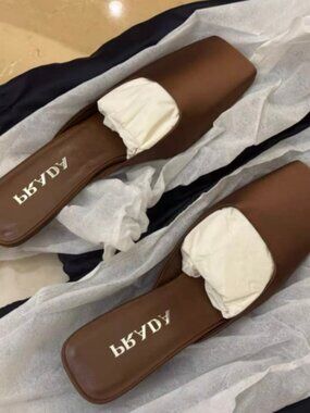 Prada Brown Square Toe Leather Slides